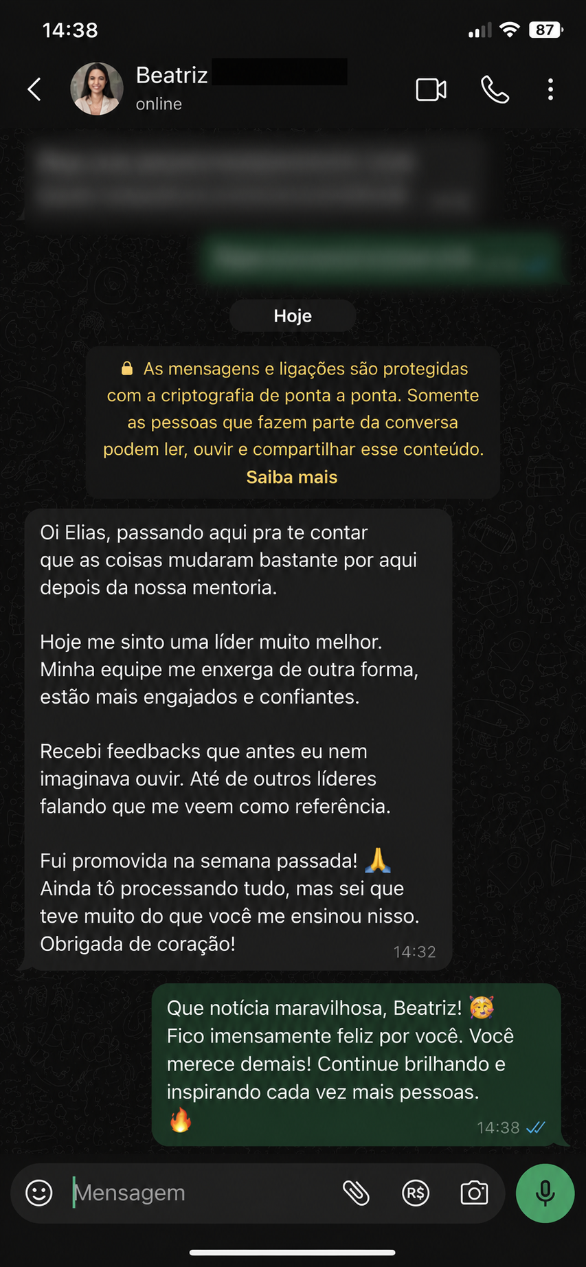 Mensagem de Beatriz contando sobre sua promoção após a mentoria