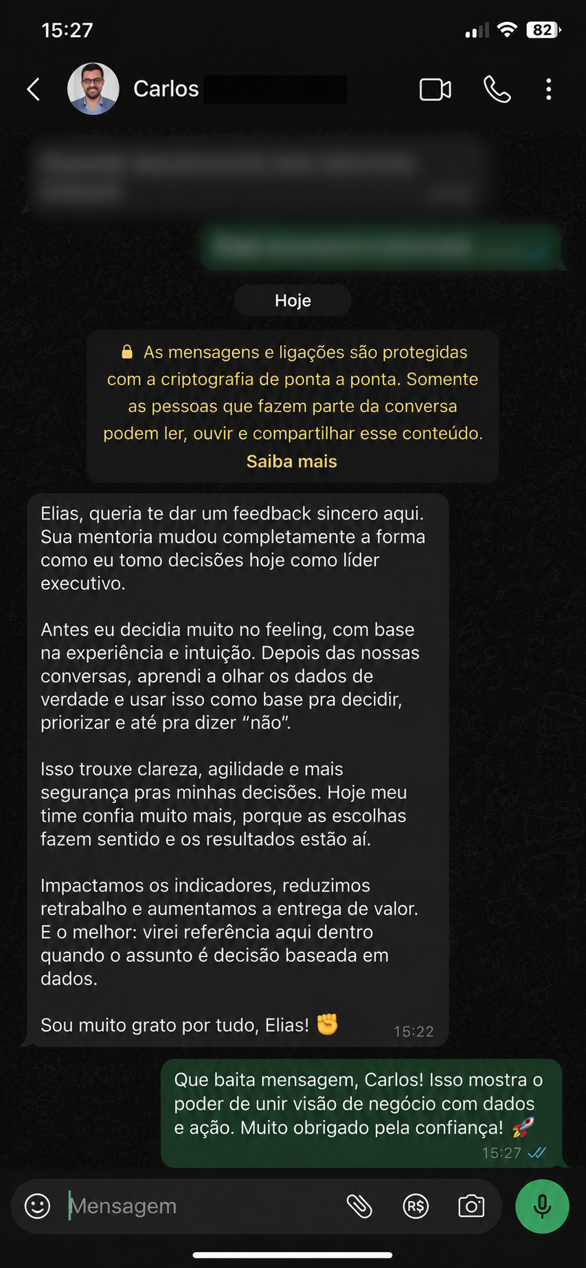 Mensagem de Carlos sobre decisões baseadas em dados após a mentoria
