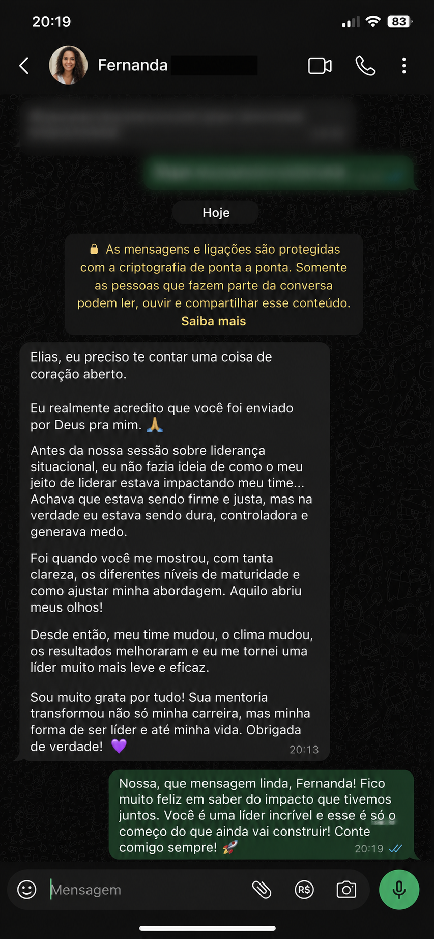 Mensagem de Fernanda sobre liderança situacional e clima do time