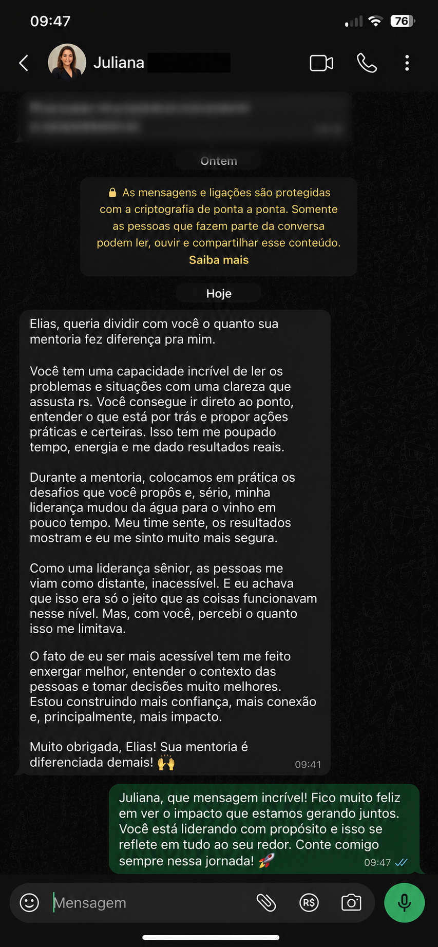 Mensagem de Juliana sobre a transformação da sua liderança